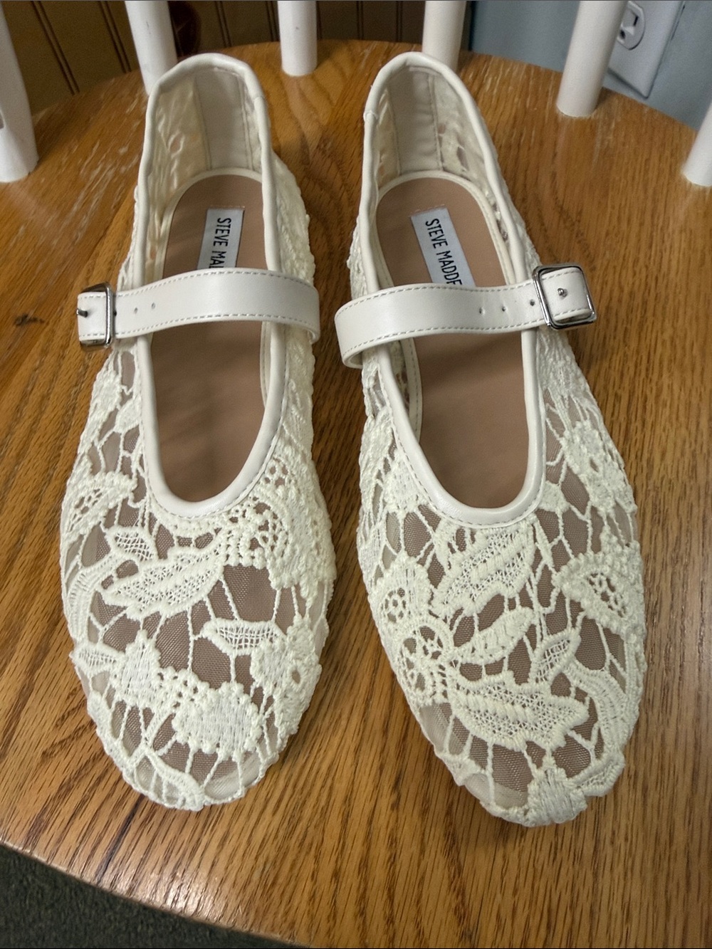 NWOB Steve Madden Dreaming White Lace Mesh Mary Jane Ballet Flats Size 10